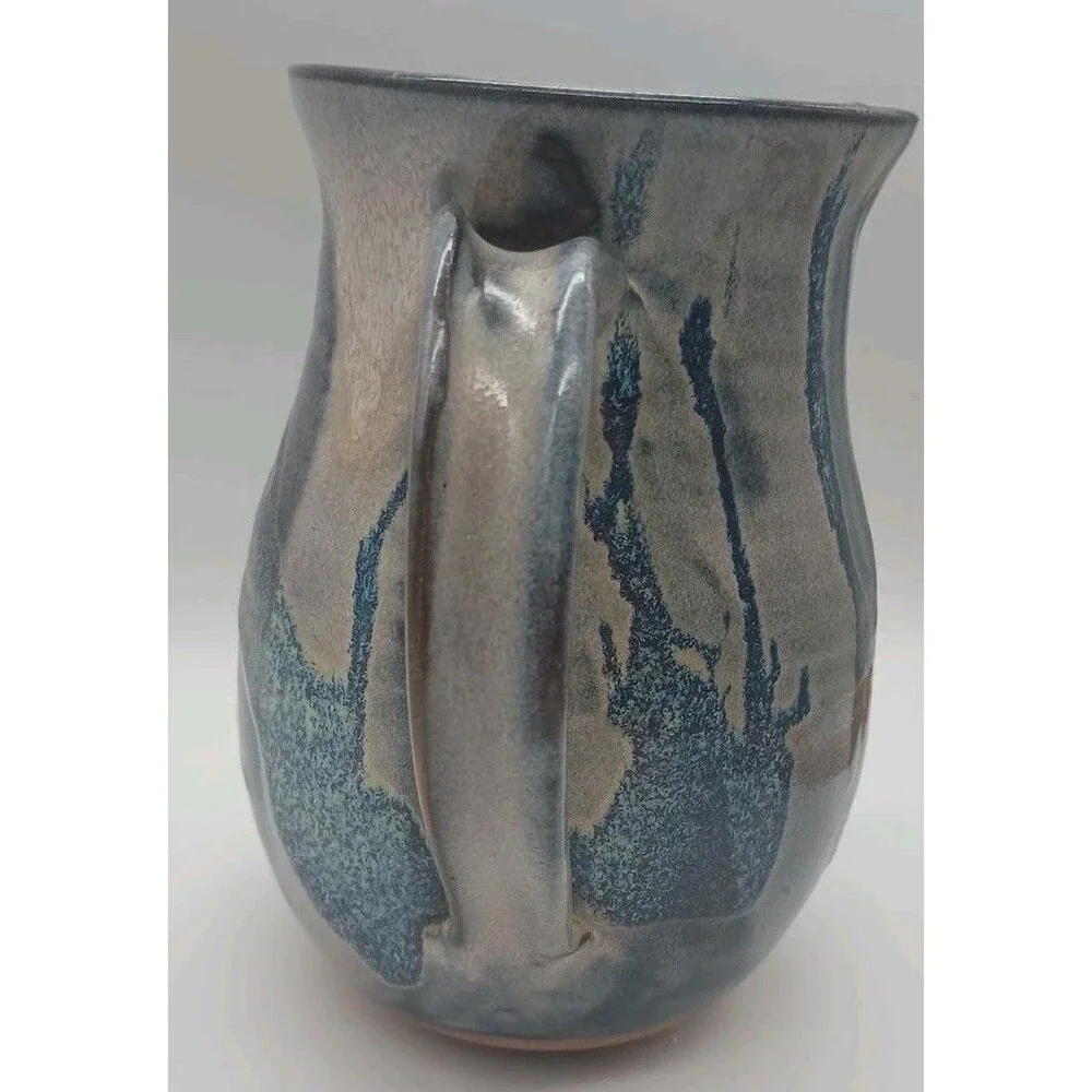 Studio Pottery Pitcher Signed Blue Gray Drip Redware